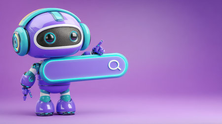A charming robot character with vibrant purple hues and headphones engages viewers by holding a search bar, ideal for technology and innovation themes.の素材