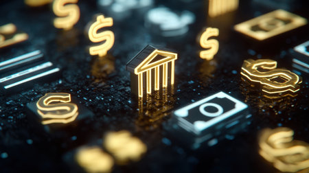 A vibrant digital scene showcasing banking symbols and currency icons in a neon glow, representing modern finance and technology concepts.の素材