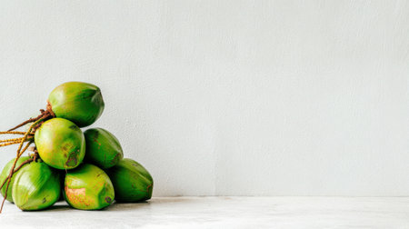 A striking arrangement of fresh green coconuts stacked neatly on a surface, showcasing their vibrant color against a minimalist backdrop, perfect for health and tropical themes.の素材