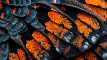 This stunning close-up photograph captures the intricate patterns and vibrant colors of a butterfly wing. The detailed textures in shades of blue and orange create a beautiful visual display ideal for nature enthusiasts and artists.の素材