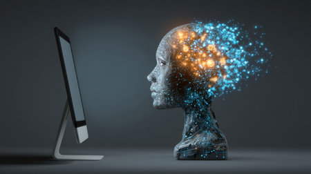 This striking image showcases a futuristic scene featuring a human-like head silhouette alongside a computer monitor, symbolizing the blend of human thought and digital technology. The head appears to emit vibrant sparks, representing creativity and the power of artificial intelligence.の素材