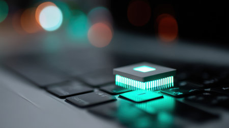 A close-up view of a modern microchip placed on a laptop keyboard, illuminated with a soft glow against a blurred background, showcasing innovation.の素材