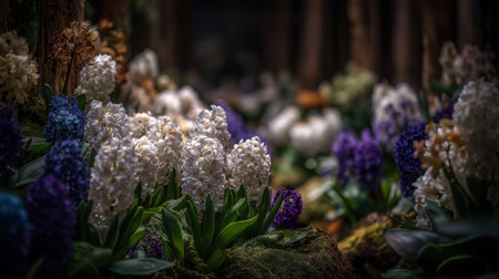 A stunning display of colorful hyacinth flowers thriving in a serene garden, showcasing vibrant colors and soft natural light, perfect for spring themes.の素材