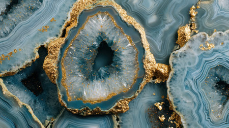 This captivating image showcases a blue agate slice with stunning gold veins. The intricate patterns and textures highlight the beauty of natural minerals in an artistic display.の素材
