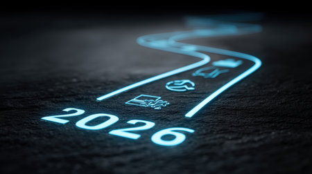 This image depicts a futuristic road illuminated by neon icons and the year 2026, symbolizing progress, direction, and innovation in a digital world.の素材