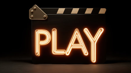 This image features a striking clapperboard with the word "PLAY" illuminated in bright lights against a dark backdrop, perfect for themes in cinema and entertainment.の素材