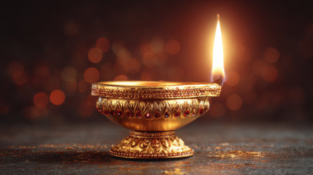 A beautiful gold oil lamp emits a warm glow, creating a tranquil ambiance perfect for festivals and spiritual rituals, adding elegance to any setting.の素材
