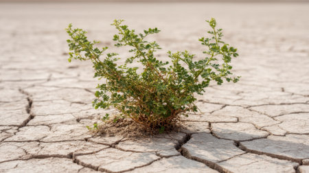 A small green plant thrives amid cracked dry soil, showcasing its resilience in an arid landscape under bright sunlight. Highlighting nature's ability to survive in extreme conditions.の素材