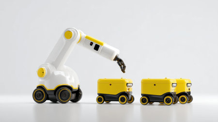 A dynamic scene featuring a robotic arm engaging with small delivery vehicles in a contemporary warehouse setting, showcasing advanced technology and automation.の素材