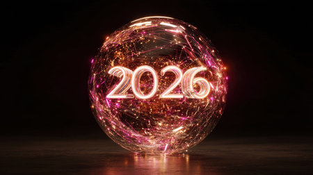 A glowing sphere showcases the year 2026, surrounded by colorful light trails against a dark backdrop, symbolizing celebration and optimism for the future.の素材