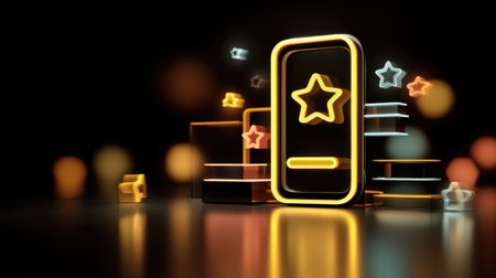A vibrant neon smartphone surrounded by glowing star symbols creates a captivating visual, highlighting modern technology and digital design trends.の素材