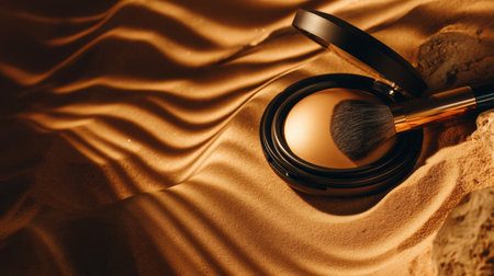 A stunning makeup compact with a brush rests on a soft sandy surface, illuminated by warm natural light, creating an inviting beauty scene.の素材