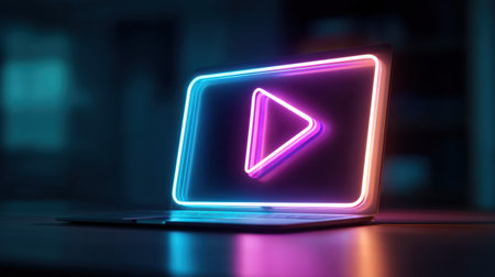 A vibrant neon play button illuminates a sleek laptop in a dark setting, symbolizing digital entertainment and modern technology.の素材