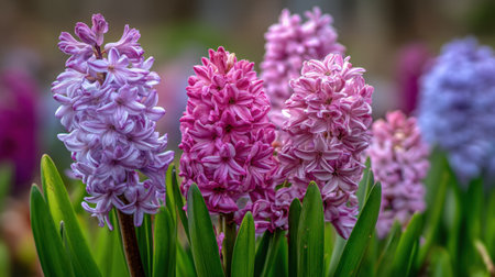 This enchanting image captures the vibrant hyacinth blooms in various shades of pink and purple, surrounded by lush green leaves, creating a captivating garden scene.の素材
