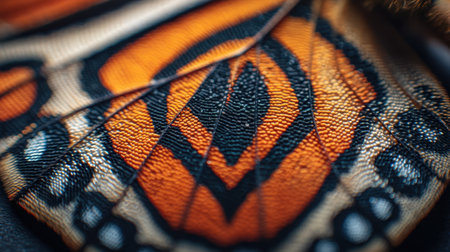 Explore the intricate details of a monarch butterfly wing, showcasing vibrant orange and black patterns with stunning texture and beauty.の素材