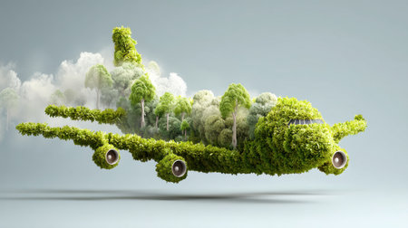 This imaginative artwork depicts an airplane composed of lush green trees and foliage, embodying sustainability and eco-conscious air travel.の素材