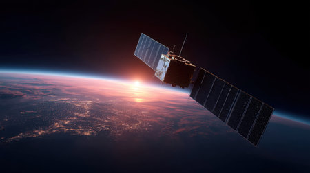 A high-resolution image of a satellite in orbit around Earth, capturing a breathtaking sunset while illuminating city lights below. This represents advanced technology in space exploration.の素材