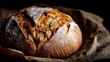 A beautifully baked round artisan bread loaf resting on rustic brown paper, showcasing its golden crust and inviting texture under warm light.の素材