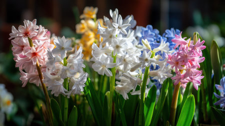 A stunning display of colorful hyacinth flowers in varying shades surrounded by lush green leaves, capturing the essence of spring's beauty.の素材
