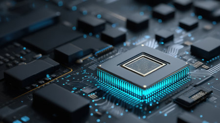 A detailed close-up of a microprocessor situated on a sophisticated circuit board, showcasing vibrant glowing elements and intricate components that highlight modern technology and advancement in electronics.の素材