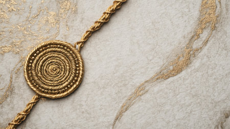This image showcases a stunning gold spiral ornament placed on a textured gray surface, exuding elegance and sophistication. Perfect for design inspiration.の素材