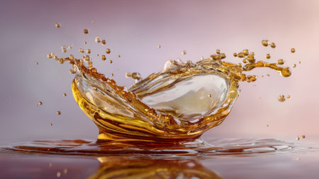 This captivating image captures a golden liquid droplet elegantly splashing in water, creating stunning ripples and a vibrant scene.の素材