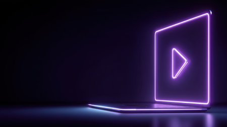 This image features a neon glowing laptop with a play button symbol, set against a dark background, perfect for themes of digital media and technology.の素材