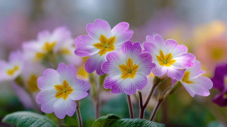 Vivid and delicate primrose flowers in soft pink and white hues showcase bright yellow centers, creating an enchanting floral display that captivates the viewer.の素材
