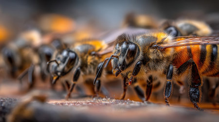 This macro image captures a group of bees interacting on a honeycomb. It highlights their intricate features and plays a crucial role in biodiversity and pollination.の素材