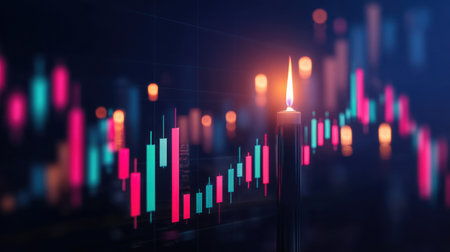 A stunning digital candlestick chart featuring a glowing candle flame against a dark backdrop, symbolizing the excitement of trading and investment.の素材