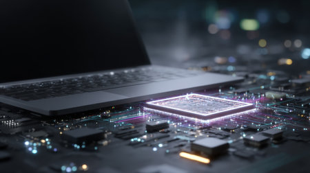 A sleek modern laptop is shown alongside an advanced microchip, highlighting intricate circuitry and components for a tech-inspired visual.の素材
