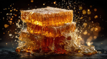 This stunning image showcases beautifully stacked honeycomb on a dark surface, with droplets and splashes highlighting the golden, sweet texture.の素材