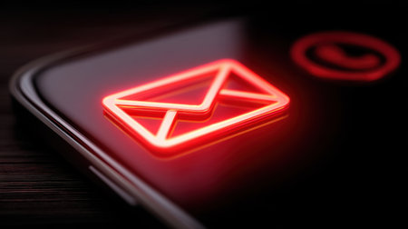 A detailed close-up view of a smartphone with a glowing neon email icon, emphasizing modern communication and digital interaction elements.の素材