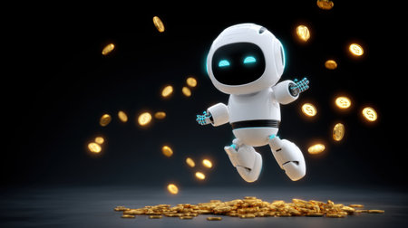 A playful robot character joyfully celebrates success as it jumps amidst flying coins, highlighting themes of wealth and innovation in a digital world.の素材
