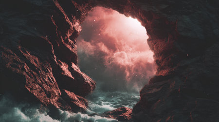 A captivating view through a rugged rocky cave reveals a tumultuous ocean beneath a fiery sky filled with dramatic clouds, creating a surreal atmosphere.の素材