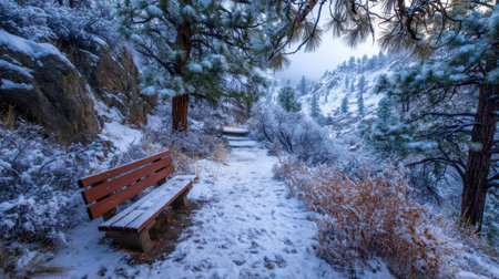 A picturesque winter scene featuring a snow-laden pathway and a wooden bench surrounded by tall pine trees and a majestic mountain backdrop.の素材