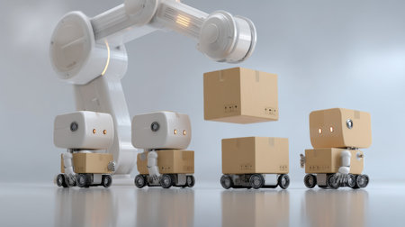 This image showcases a scene where robots and automation systems handle cardboard boxes in a modern warehouse, representing advancements in logistics and technology.の素材