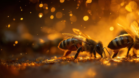 A stunning close-up captures bees diligently collecting nectar while warm golden light dances through sparkling dust particles, showcasing nature's beauty.の素材