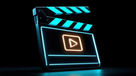 A striking neon film clapper board featuring a play button, set against a dark background. Perfect for visual storytelling and creative media projects.の素材