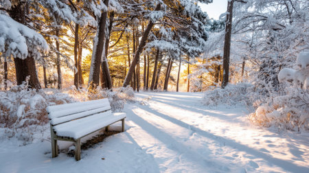 A tranquil winter scene featuring a wooden bench surrounded by snow-covered trees, illuminated by soft golden sunlight in the morning.の素材