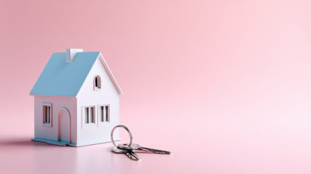 This image showcases a miniature house model paired with keys, set against a soft pink background. It visually represents concepts of home buying, real estate, and comfort.の素材