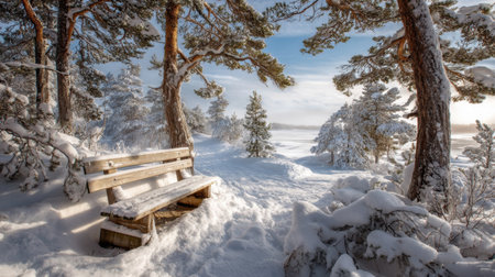 A breathtaking winter scene featuring a solitary bench nestled in freshly fallen snow, surrounded by tall trees. The clear blue sky enhances the serene atmosphere, making it an ideal spot for quiet reflection and appreciation of nature's beauty.の素材