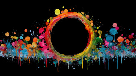 A vibrant and colorful paint splash creates a striking circular design against a black background, ideal for artistic projects and decorations.の素材