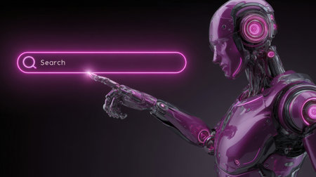 High-tech robotic figure points at a glowing search bar against a dark background, showcasing a blend of modern technology and futuristic design.の素材
