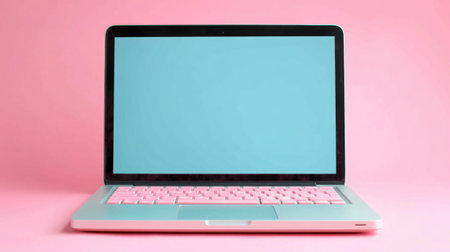 A vibrant laptop featuring a blank screen, set against a soft pink background. Ideal for showcasing technology, creative content, or minimalistic designs.の素材