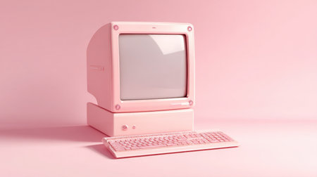 A retro-inspired pink computer setup featuring a vintage monitor and keyboard against a soft pink backdrop. Perfect for showcasing playful design and nostalgic vibes.の素材