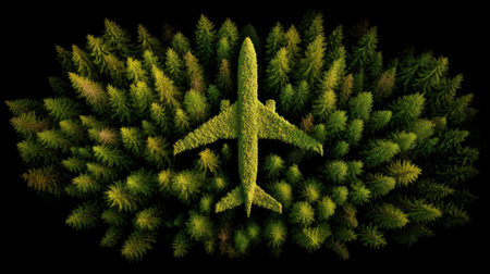 A unique aerial view of an airplane made of greenery resting in a lush forest, symbolizing the harmony between aviation and nature.の素材