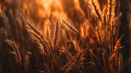 Capture the enchanting beauty of golden wheat fields at sunset, showcasing the serene atmosphere of rural agriculture under warm sunlight.の素材