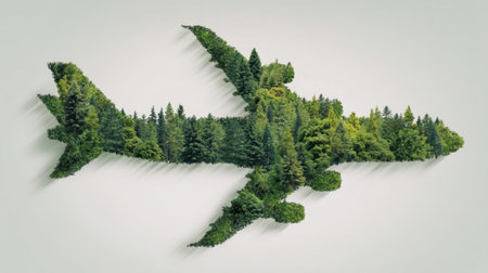 This imaginative artwork features an airplane silhouette comprised of lush green trees, symbolizing the relationship between air travel and the beauty of nature, inspiring thoughts on sustainability.の素材