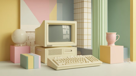 This image captures a retro computer setup in soft pastel tones, featuring a vintage monitor, keyboard, and decorative elements, ideal for creative designs.の素材
